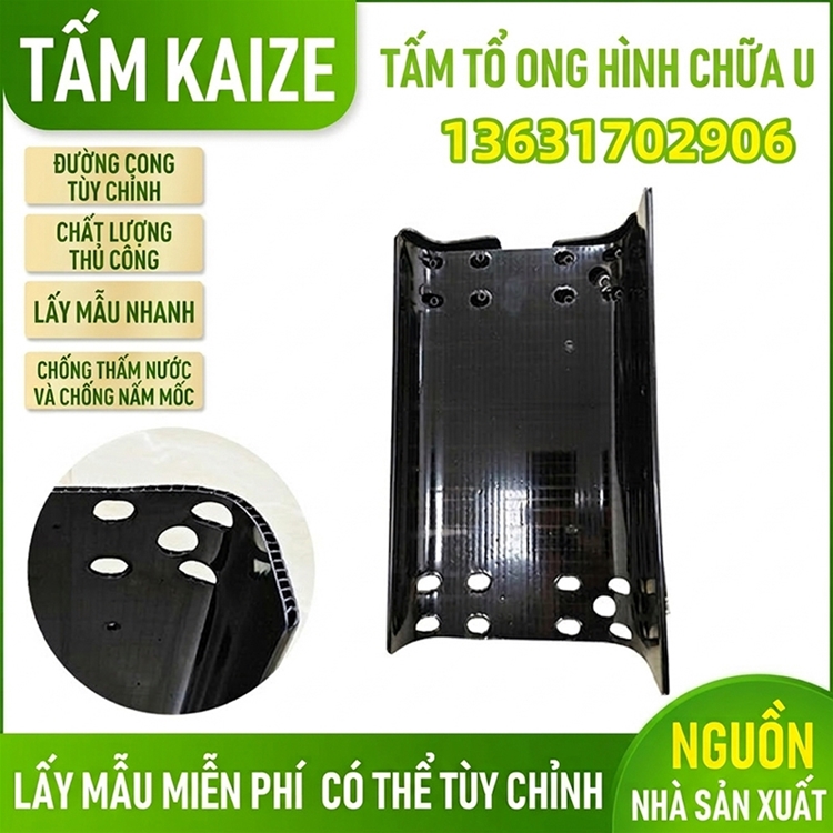 Tấm bìa tổ ong có lỗ đục hình chữ U và vát cạnh dùng cho đáy túi.